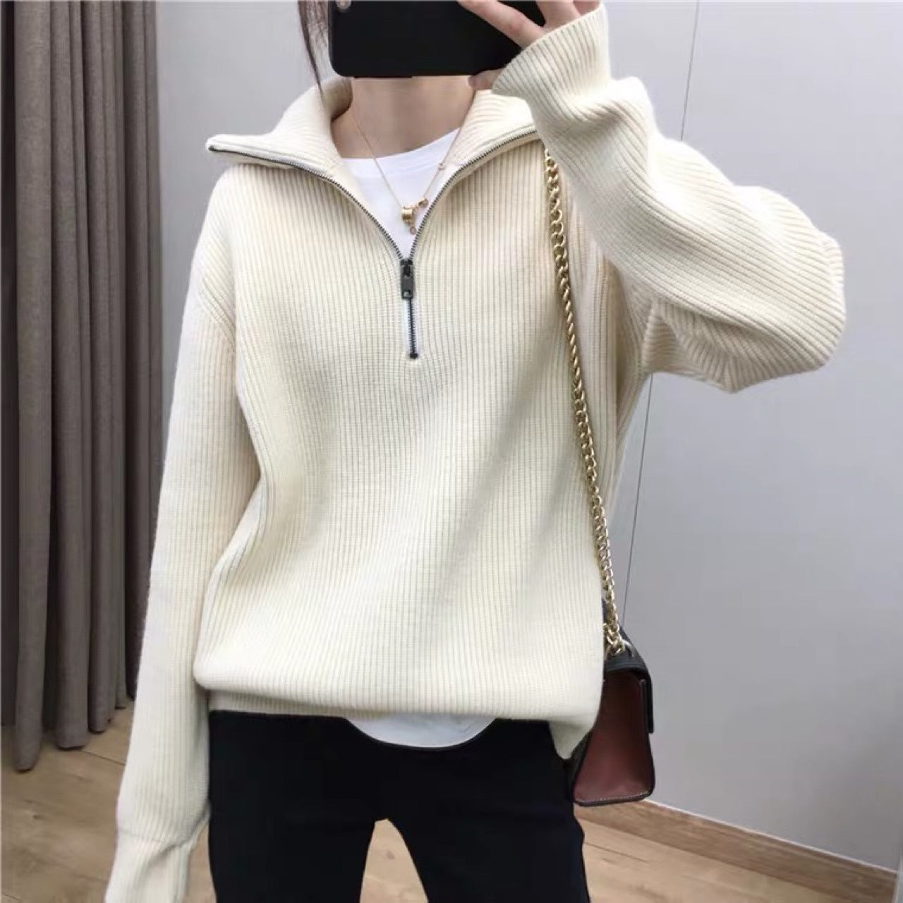 game outfit woman Korean Style Retro Thick Zipper Half Open Large Lapel Sweater Women's Autumn and Winter Western Style Pullover Sweater Loose Coat Fashion