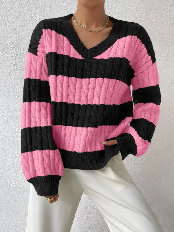 sambas outfits Autumn and Winter Lazy Style New Knitwear Loose Fashion Women's V-neck Retro Contrast Color Striped Sweater