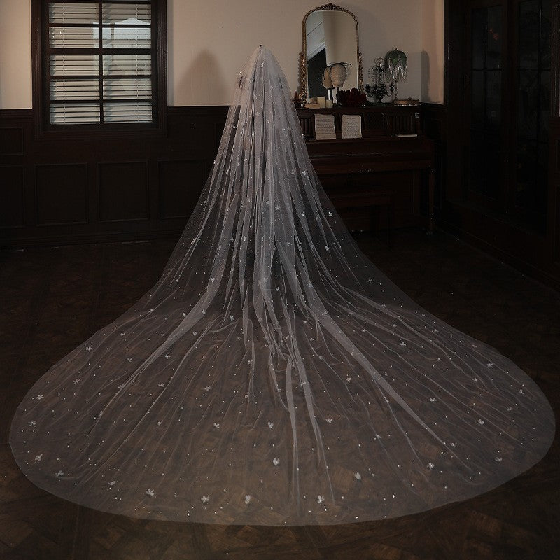 couple halloween costumes French White Flower Pearl Super Long Trailing Wedding Wedding Veil Bridal Main Wedding Travel Photography Headdress