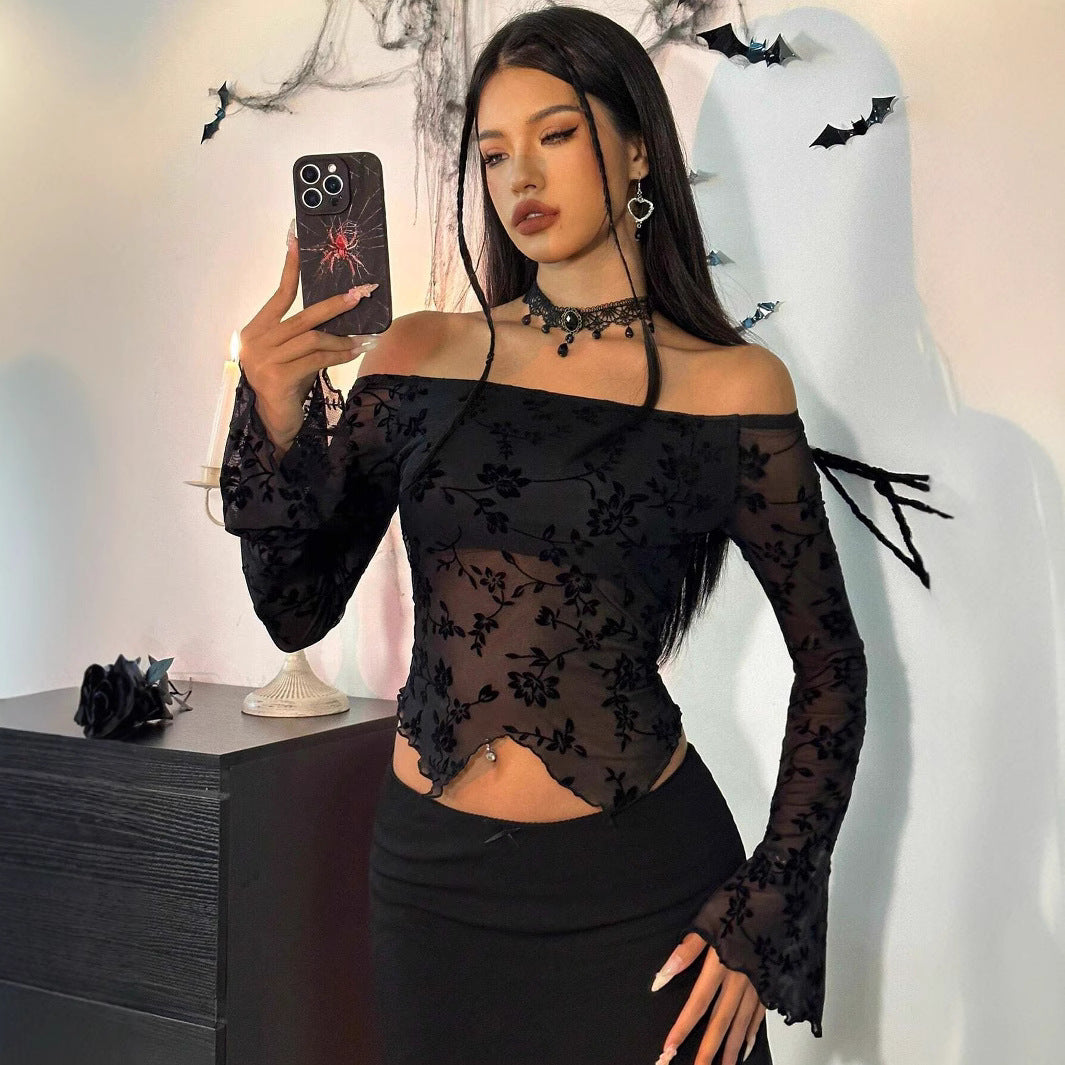 dress to impress outfits Autumn and Winter Elegant Women's Black Floral Mesh off-Shoulder Bell Sleeve T-shirt Top Women