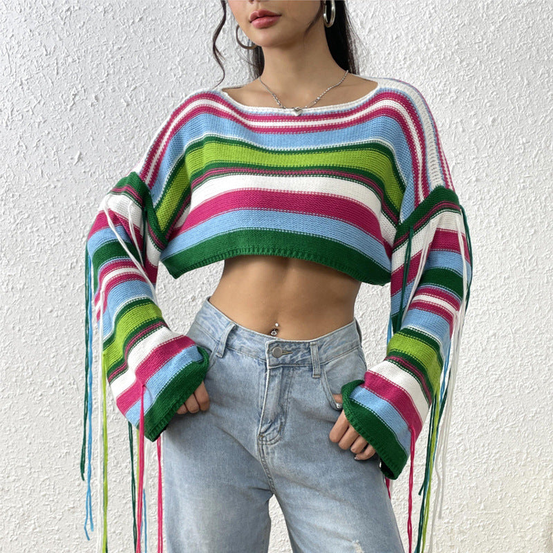 trio halloween costumes Women's New Rainbow Striped Tassel Sweater Sexy Ultra-Short Cropped Loose Sweater