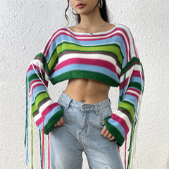trio halloween costumes Women's New Rainbow Striped Tassel Sweater Sexy Ultra-Short Cropped Loose Sweater
