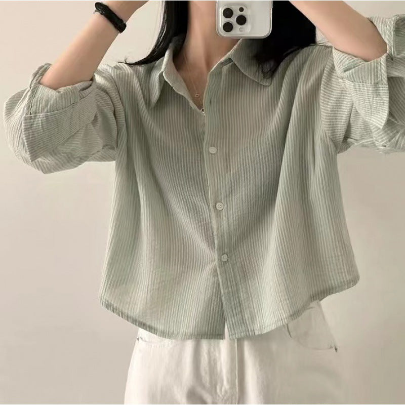 curvy casual outfits Spring and Autumn Blue Small Striped Shirt Long-Sleeved Shirt for Women