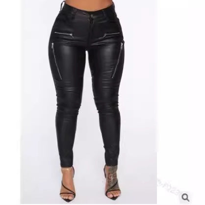 casual dinner outfit fall Fashionable Personalized Tight Casual Pants Women's Zipper Mid-Waist Leather Pants with Pockets Pu New Elastic Pencil Pants