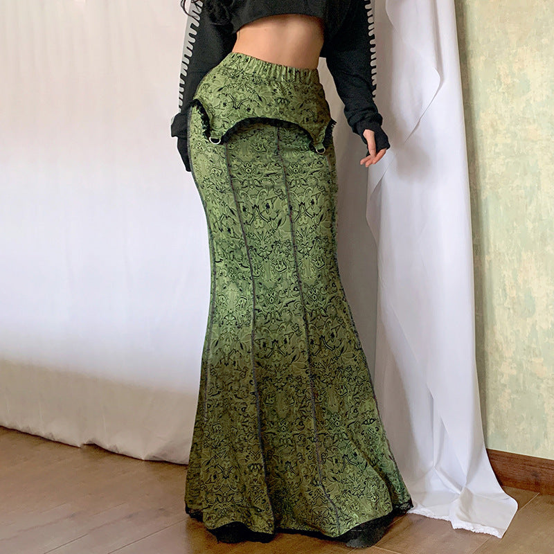fashion outfits Ancient Early Wizard of Oz Printed Lace Stitching Fishtail Skirt Retro Niche Reverse Car Skirt High Waist Sheath Dress