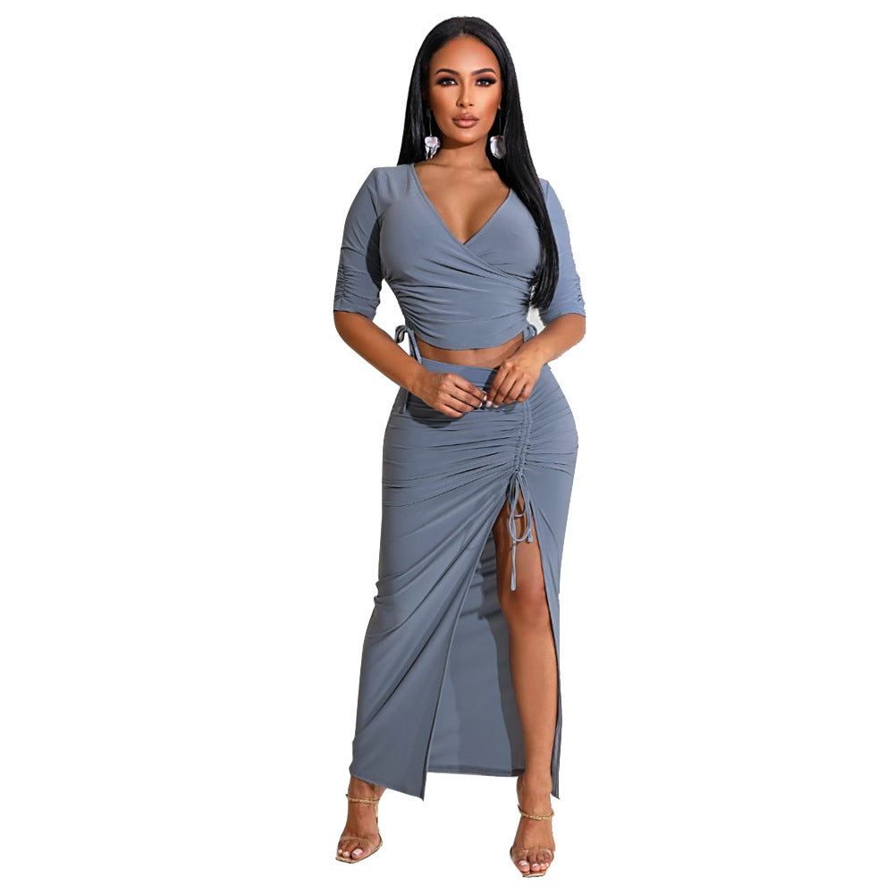 frat outfits Pleated V-neck T-shirt High Slit Drawstring Skirt Fashion Two-Piece Set