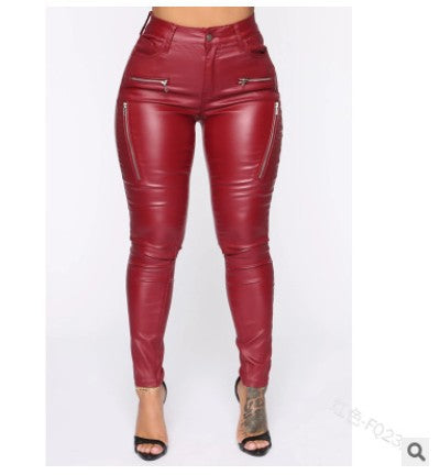 casual dinner outfit fall Fashionable Personalized Tight Casual Pants Women's Zipper Mid-Waist Leather Pants with Pockets Pu New Elastic Pencil Pants