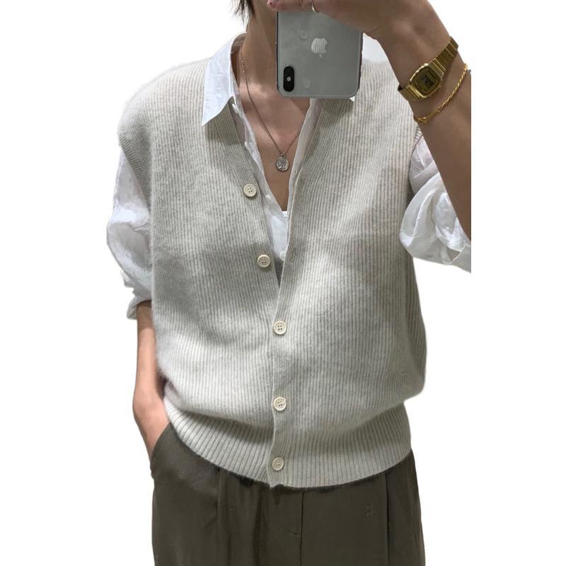 90s streetwear Korean Style New Autumn and Winter round Neck Loose Wool Sweater Vest Women's Sleeveless Cardigan Sweater Women's Vest Outer Wear