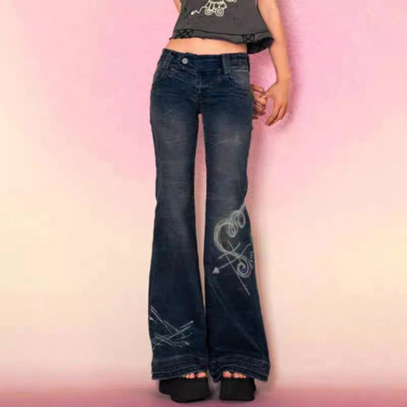 2000s fashion American Style Distressed Washed Special Love Printed Trendy Retro Jeans Women's High Street Sexy Low Waist Jeans