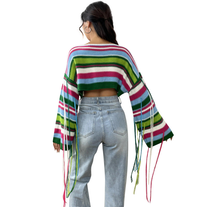 trio halloween costumes Women's New Rainbow Striped Tassel Sweater Sexy Ultra-Short Cropped Loose Sweater