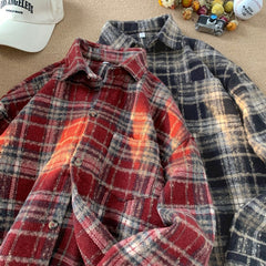 grunge outfits Korean Style Men's Retro Contrast Color Plaid Shirt Men's and Women's Autumn New Style Atmosphere Couple's Shirt Loose Coat