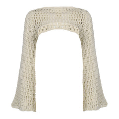 dti outfits Style Woolen Crocheted Hollow Bell Sleeve Short Blouse Fashionable New Style Solid Color Street Fashion Outdoor Personalized Top