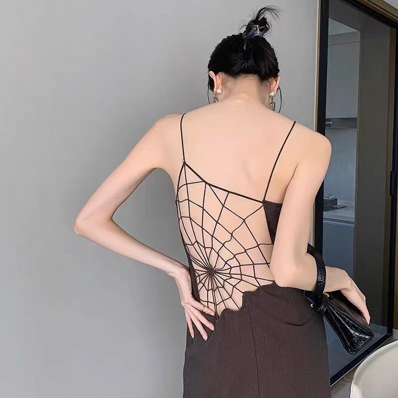 villian dress to impress outfit Pure Sexy Hot Girl Design Backless Spider Web Hollow-out Dress Suspender Dress