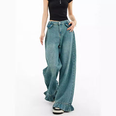 outfit inspo American Retro Jeans Women's Design Sense Niche Lace Loose Slimming Straight Mop Wide-Leg Pants