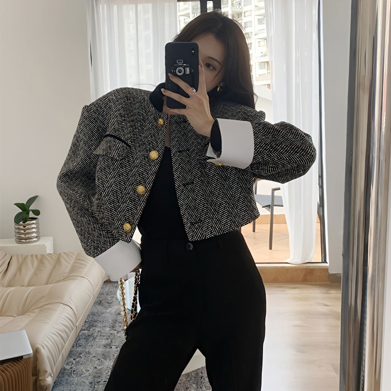 joker costume female outfit Black and White Contrast Color Stand Collar French Retro Equestrian Clothing Women's Clothing Spring and Autumn Short Suit Jacket