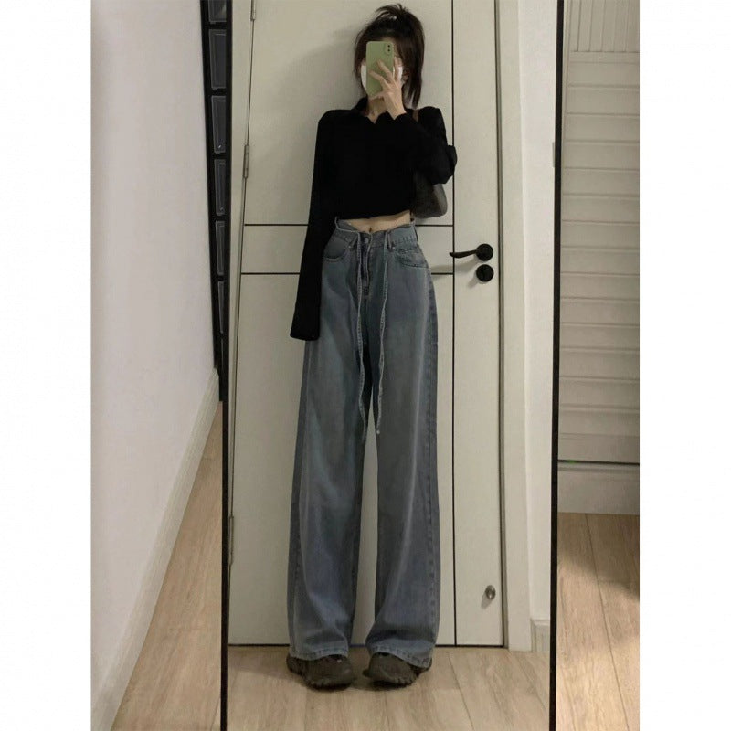 joker costume female outfit American Retro Straight Jeans Women's Spring High Waist Lace-up Wide Leg Draping Mop Pants