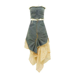 fall trends 2024 outfits [Two-Piece Set] Hot Girl Irregular Tube Top Denim + Distressed Tie-Dye Stitching Skirt Suit