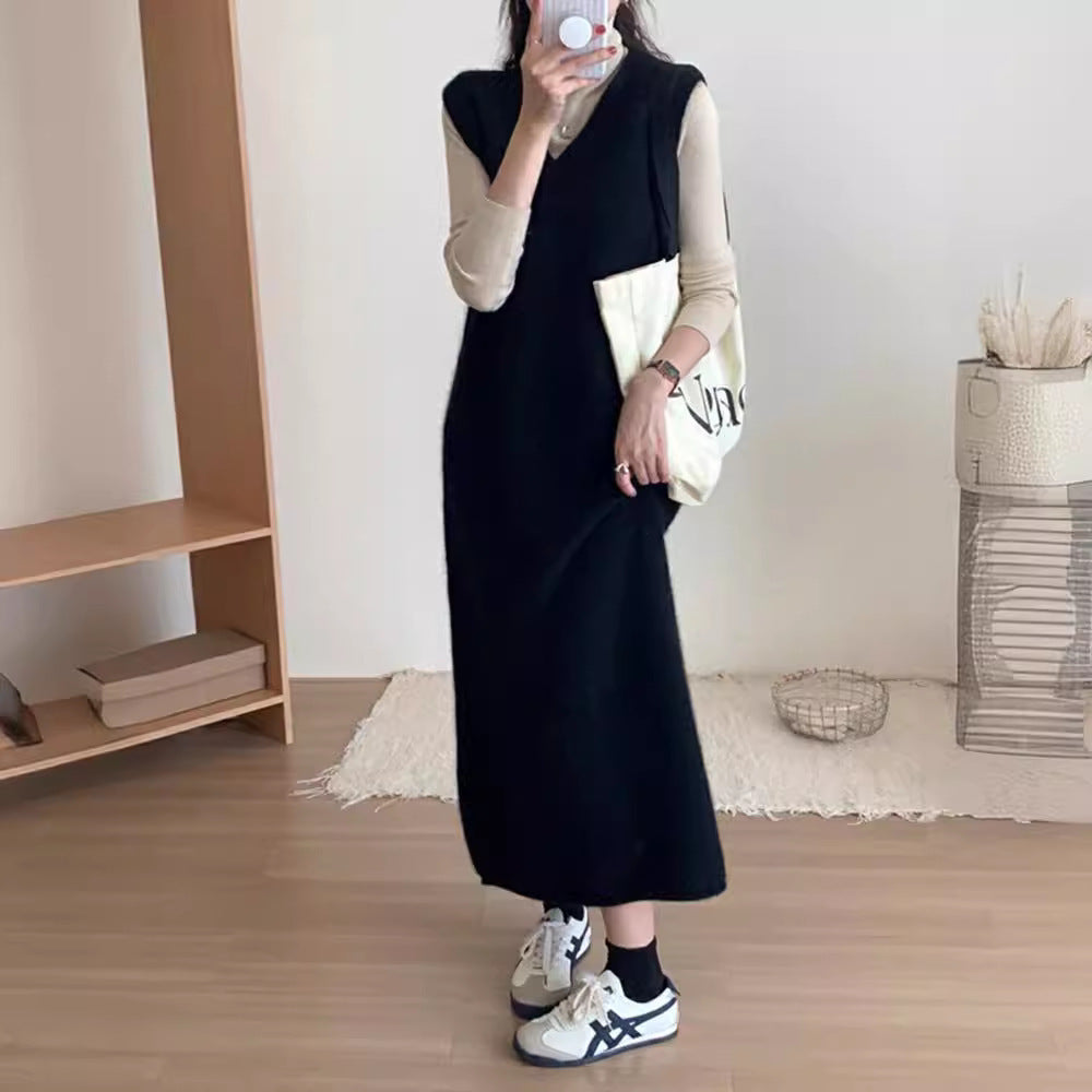 dress to impress outfits V-neck Long Vest Sleeveless Sweater Dress Women's Autumn and Winter Loose Belly Covering Temperament Mid-Length Knitted Skirt