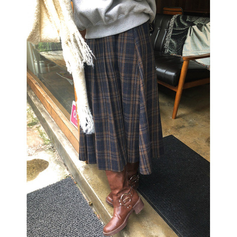 fashion outfits Chic Autumn and Winter Retro High Waist Slimming Contrast Color Plaid Design A- line Woolen Skirt