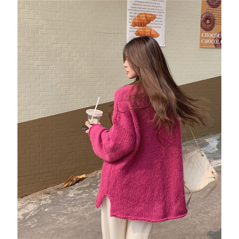 2000s fashion Korean Style Lazy V-neck Pullover Split on Both Sides Slimming Long Sleeve Sweater