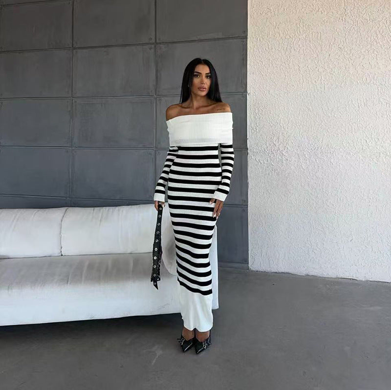 long sweater dress outfit Autumn and Winter Elegant Slim-Fit Sheath Slimming off-Shoulder Collarbone Black and White Stripe Knitted Dress