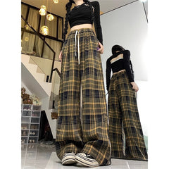 fall outfits aesthetic Retro Brushed Plaid Casual Pants Women's Autumn New High Waist Straight Pants Slimming Wide Leg Mop Long Pants