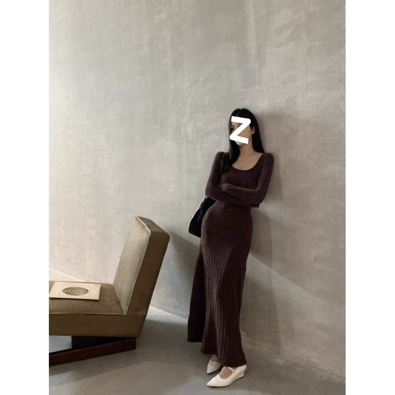 fashion outfits Early Autumn Brown Long-Sleeved Knitted Dress Women's Slim-Fit Draping Tight Waist A- line Midi Dress Retro Elegant Skirt