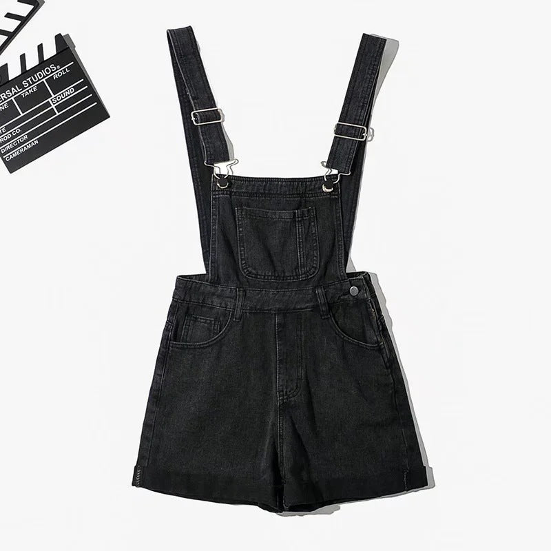 Summer Korean Style Student Denim Suspender Pants Women's Preppy Style Wide Leg Shorts Loose Curling Denim Tide