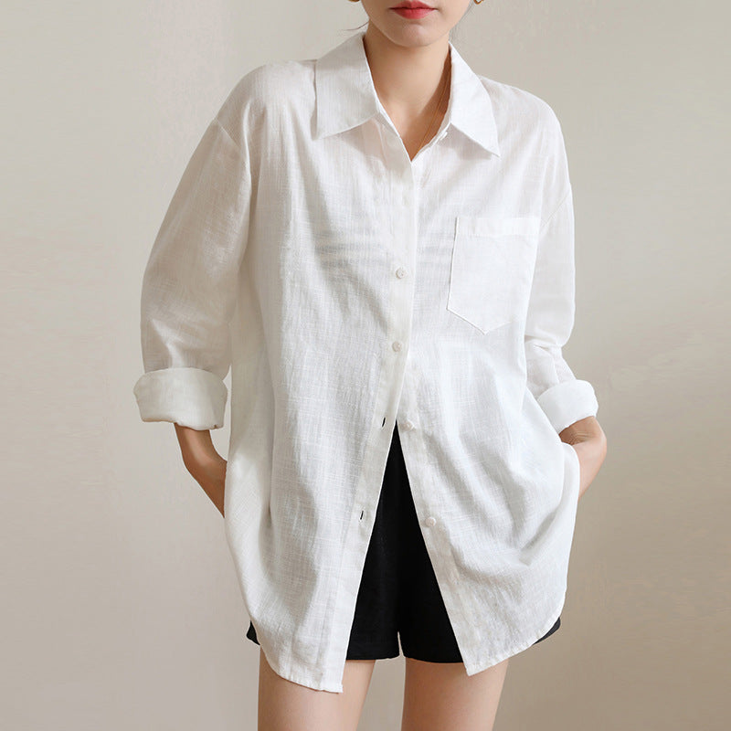 curvy casual outfits High-Grade Linen Shirt Women's Cardigan Summer Thin Loose French Cotton Linen White Shirt