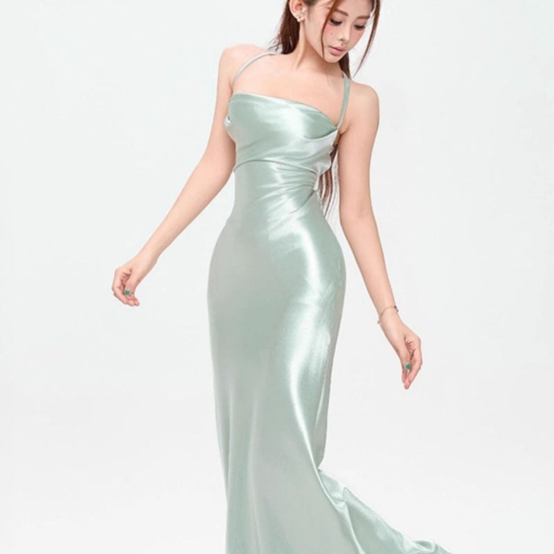 dresses New French Style Sexy Satin Sling Dress Advanced Design Summer Lace-up Waist Dress Temperament Dress