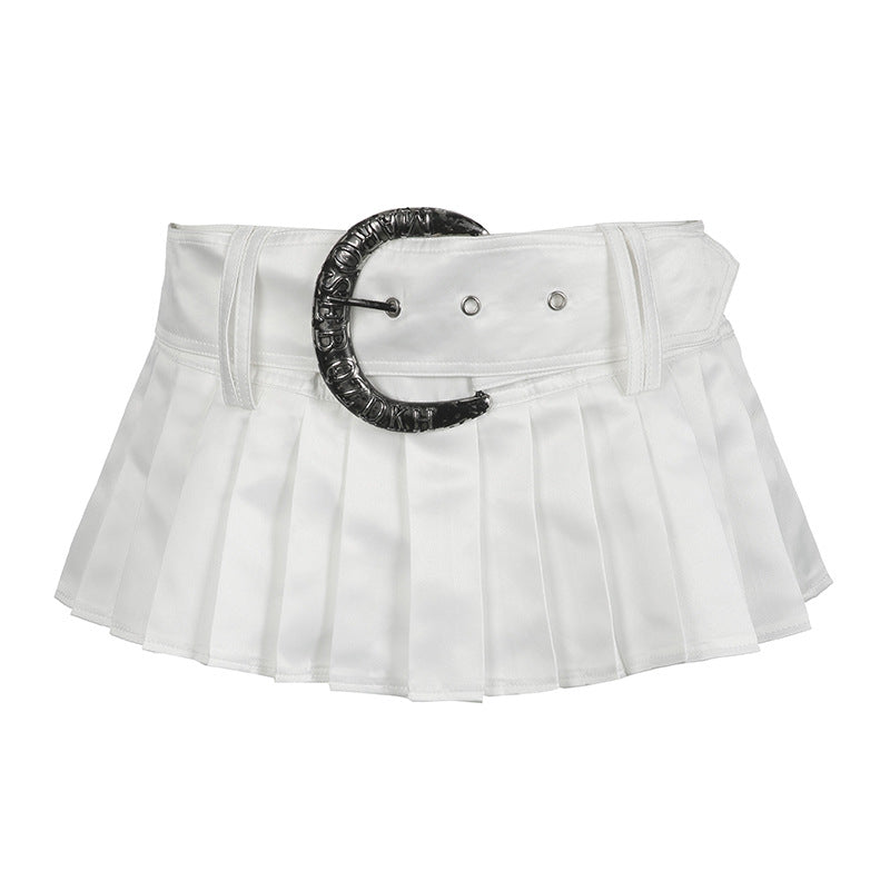 2000s fashion Sexy Hot Girl Low Waist Skirt American Belt Slim Slimming A- line Skirt 2024 Pure White Pleated Skirt