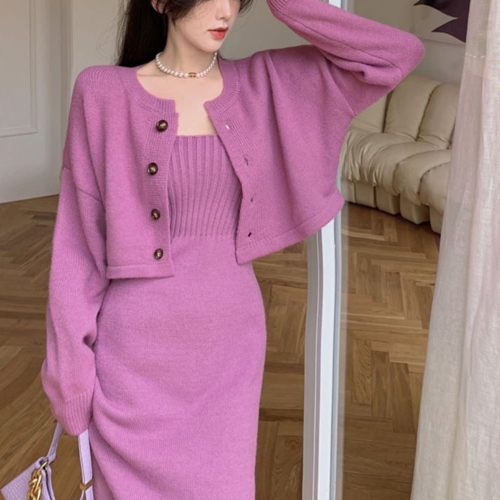 korean fashion Korean Style Chanel Style Knitted Cardigan Sweater for Women 2024 Autumn and Winter New Elegant Strap Dress Two-Piece Suit