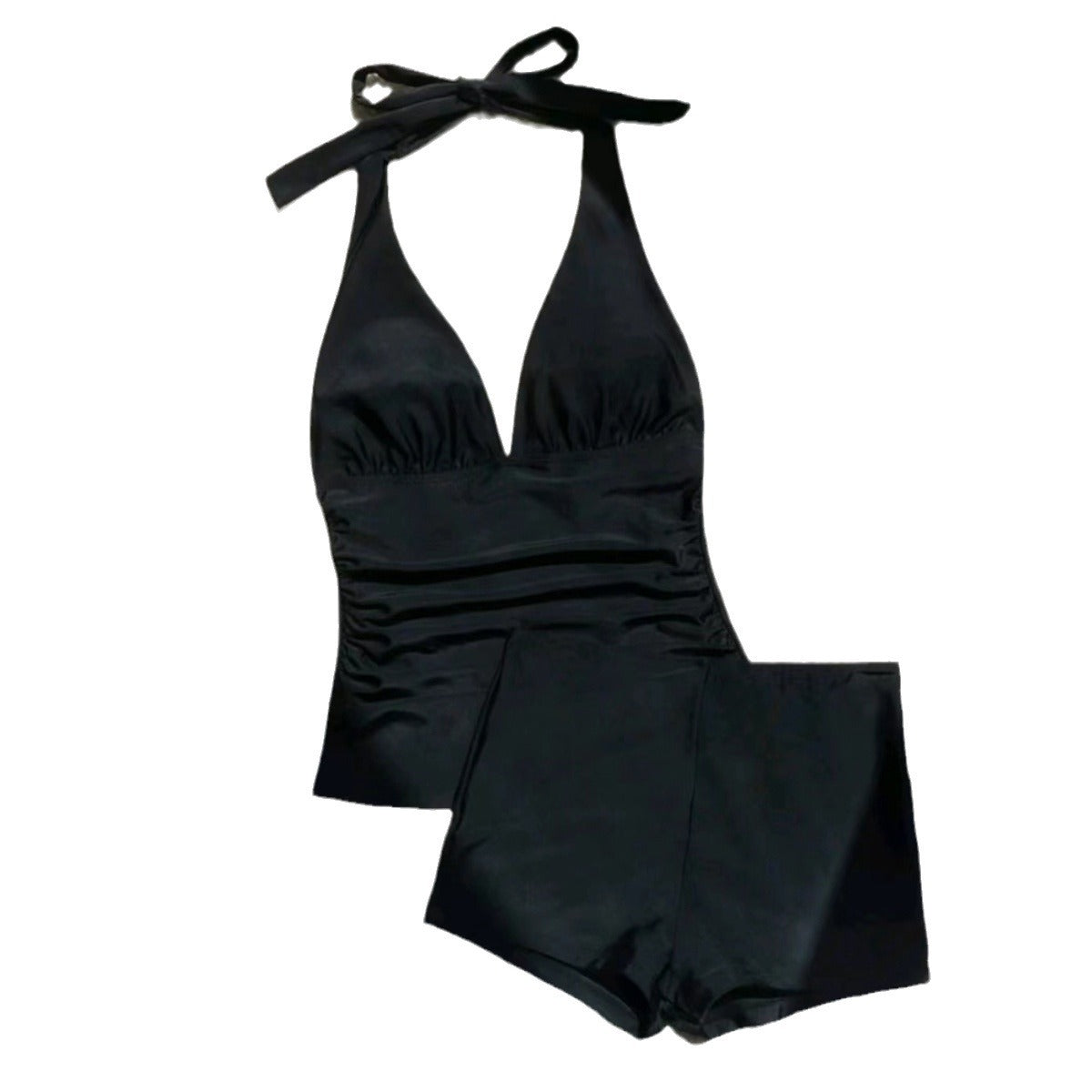 2000s fashion Swimsuit Solid Color Split High Waist Boxers Halter Backless Tankini Swimsuit