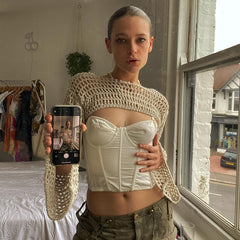 dti outfits Style Woolen Crocheted Hollow Bell Sleeve Short Blouse Fashionable New Style Solid Color Street Fashion Outdoor Personalized Top