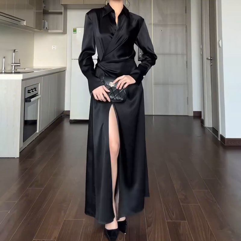 black sweater dress outfit Women's Autumn Solid Color Lapel Elegant Lace-up Slim Fit Dress Women