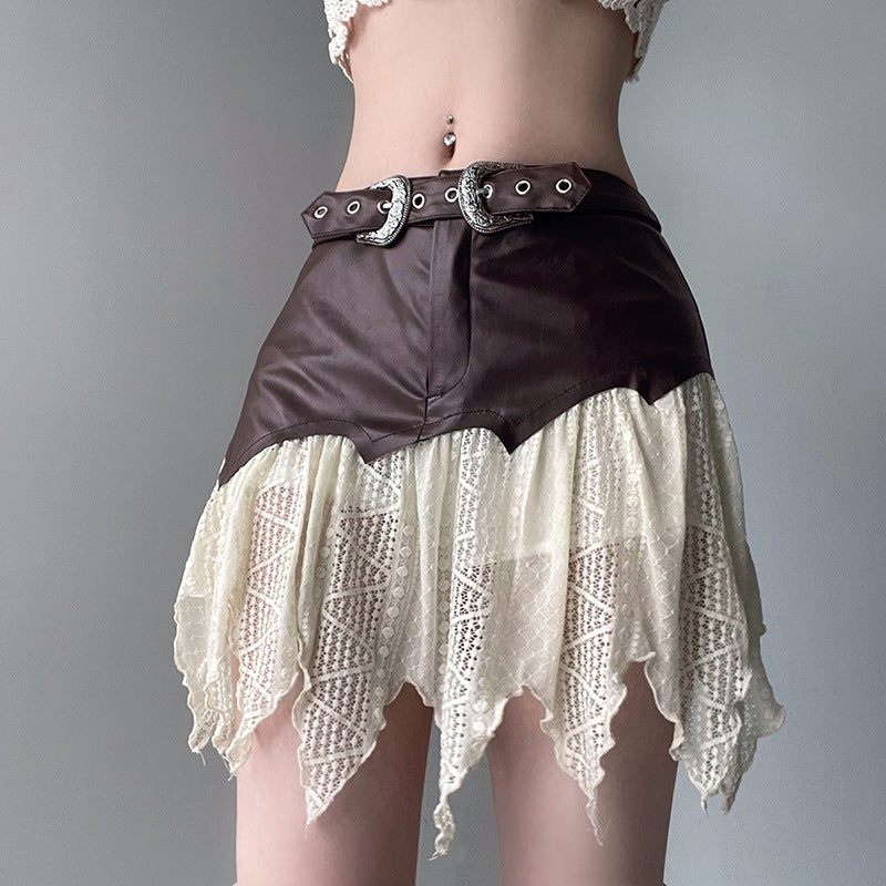 halloween costumes Ins American Hot Girl One-Piece Lace Stitching Leather Skirt Women's Low Waist Personalized Belt Slim Slimming Pleated Skirt