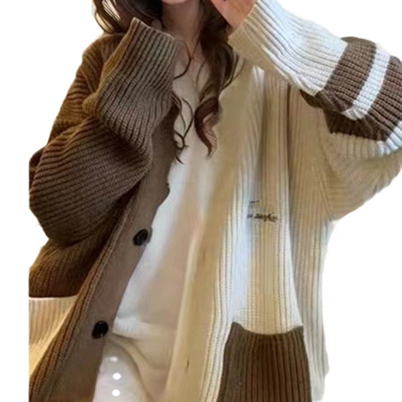 cold weather outfits Contrast Color Stitching Knitted Cardigan 2024 Autumn and Winter Korean Style Large Loose Lazy Style Sweater Coat