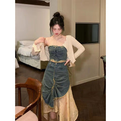 fall trends 2024 outfits [Two-Piece Set] Hot Girl Irregular Tube Top Denim + Distressed Tie-Dye Stitching Skirt Suit