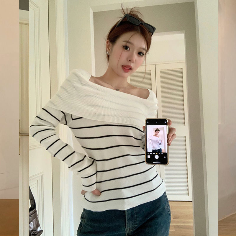 long sweater dress outfit Striped Temperament off-Shoulder Sweater Women's Autumn Slim Slimming Gentle Bottoming Sweater Top