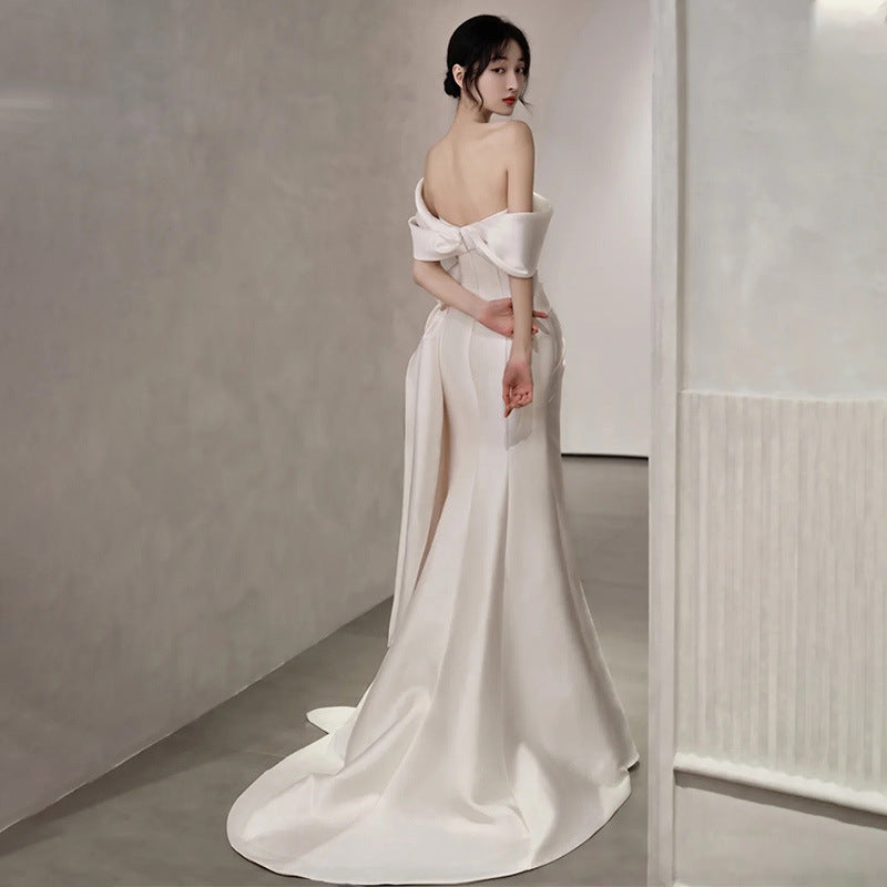 off shoulder Light Wedding Dress Summer New Bridal Satin French Simple Elegant Travel Tail Dress