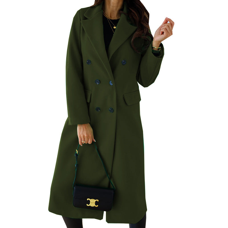 Autumn and Winter New Women's Simple Double-Breasted Long-Sleeved Lapel Button Woolen Coat