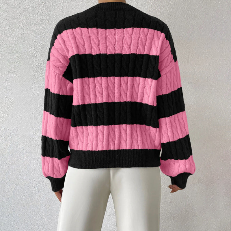 sambas outfits Autumn and Winter Lazy Style New Knitwear Loose Fashion Women's V-neck Retro Contrast Color Striped Sweater