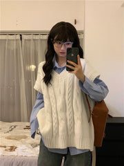 outfit inspo fall Two-Piece College Style Long Sleeve Blue Shirt + White V-neck Stacked Twist Knitted Vest for Female Students