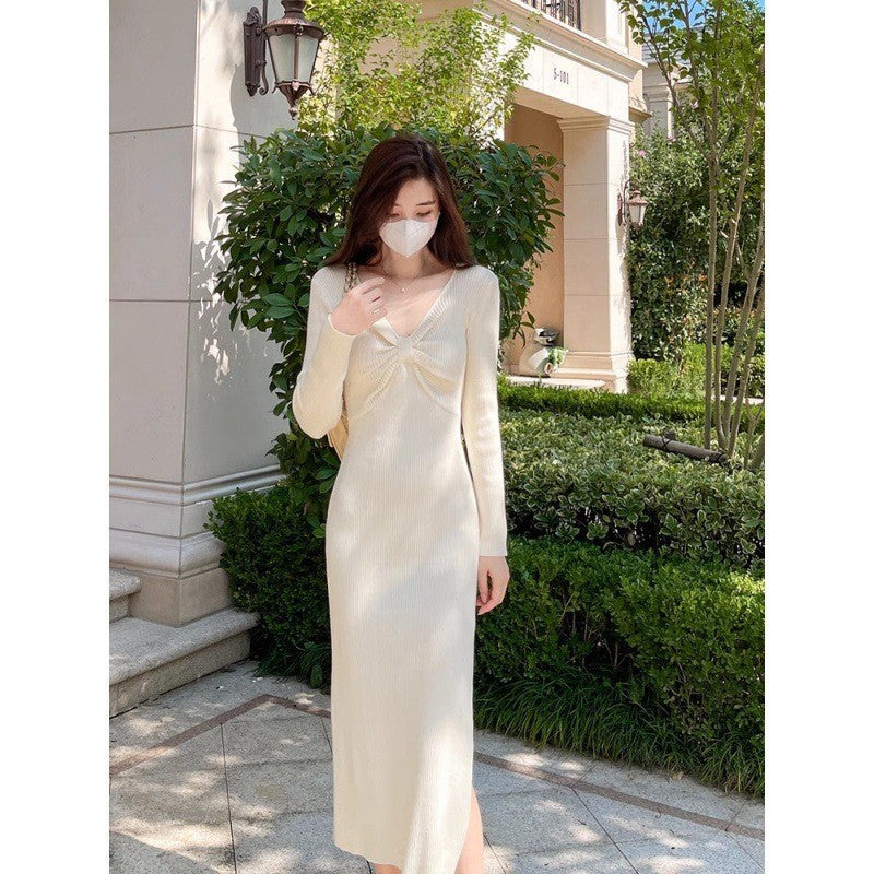 outfit inspo Autumn and Winter Retro French Temperament Dress Women's Design Bow Inner Base Split Sheath Sweater Dress