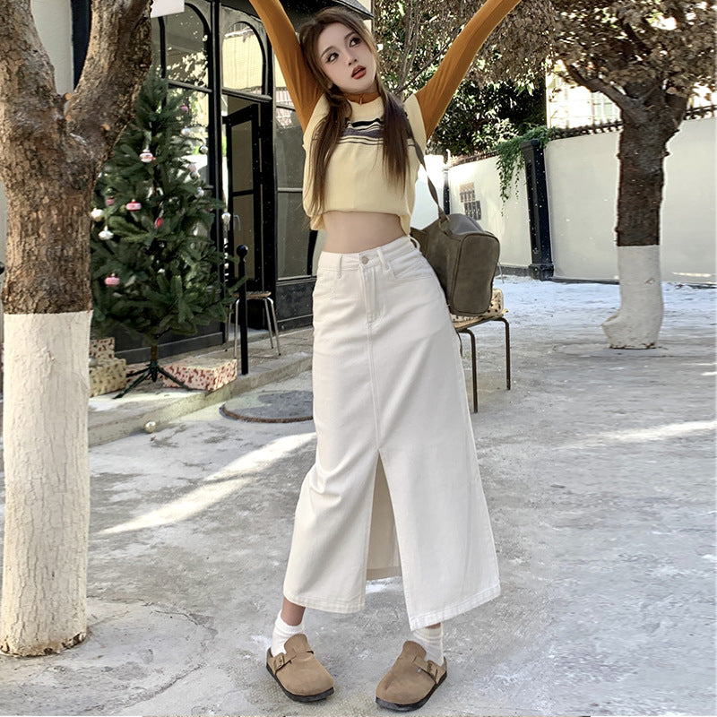 outfit Creamy-white Front Slit Denim Skirt Women's Early Spring High Waist Loose A- line Mid-Length Hip Skirt