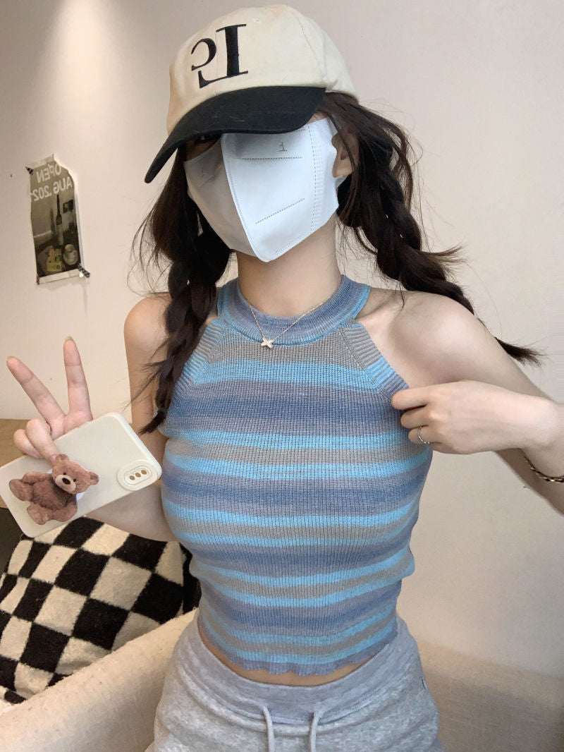 short mens haircut Retro Colorful Striped Halter Camisole Women's Summer Thin Tight Waist Slim Fit All-Match Sleeveless Top Fashion