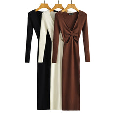 outfit inspo Hot Girl Spring and Autumn Sexy French Ins Slim-Fit Sheath Knitted Hollow Sweater Dress Deep V Twisted Split Dress
