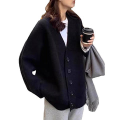 datenight fall outfits Black V-neck Knitted Cardigan for Women Autumn and Winter Outer Wear Fashionable Western Style Top Loose Lazy Style Mid-Length Women