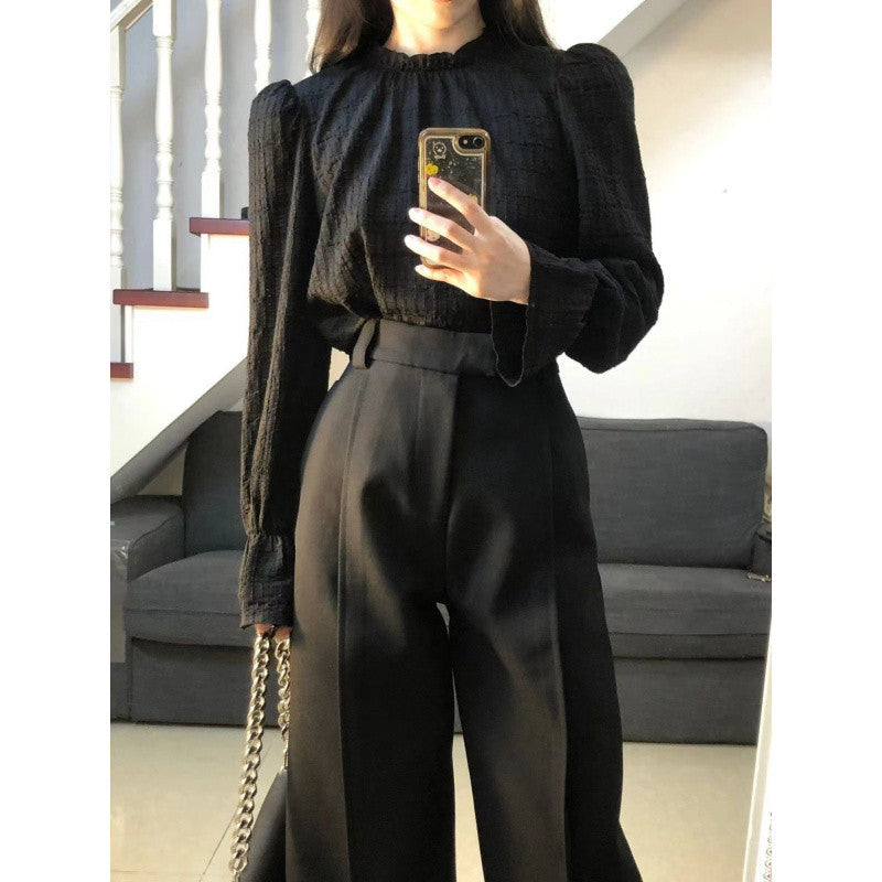 women’s fashion Suit Women's Autumn New High-Grade Lantern Sleeve Shirt Design Top High Waist Slimming Suit Trousers