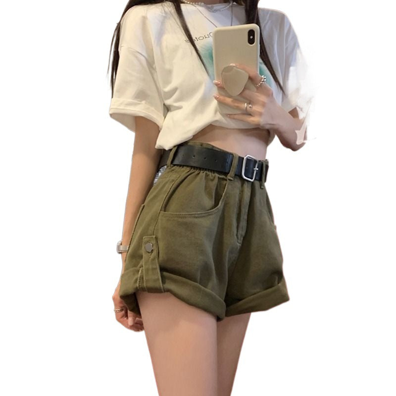 y2k outfits Flanging Denim Shorts Women's Summer New Retro Hong Kong Style High Waist Slimming Word Curling Overalls Pants